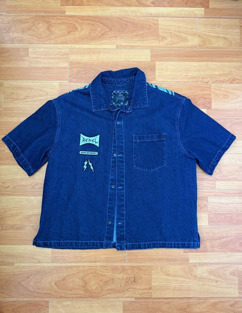 Rebel Vengeance Archive Motorsports Graphic Short Sleeve Denim Button-Up Shirt
